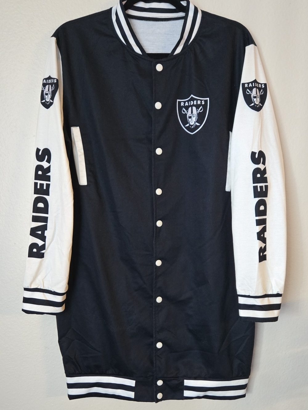 Las Vegas Raiders Women’s XL Longline Varsity Jacket Black White